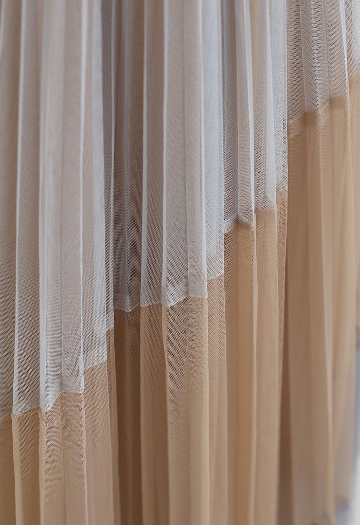 Multi Color Double-Layered Pleated Tulle Midi Skirt in Light Tan