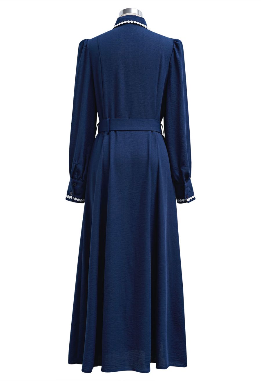 Crochet Stripe Collared Belted Buttoned Maxi Dress
