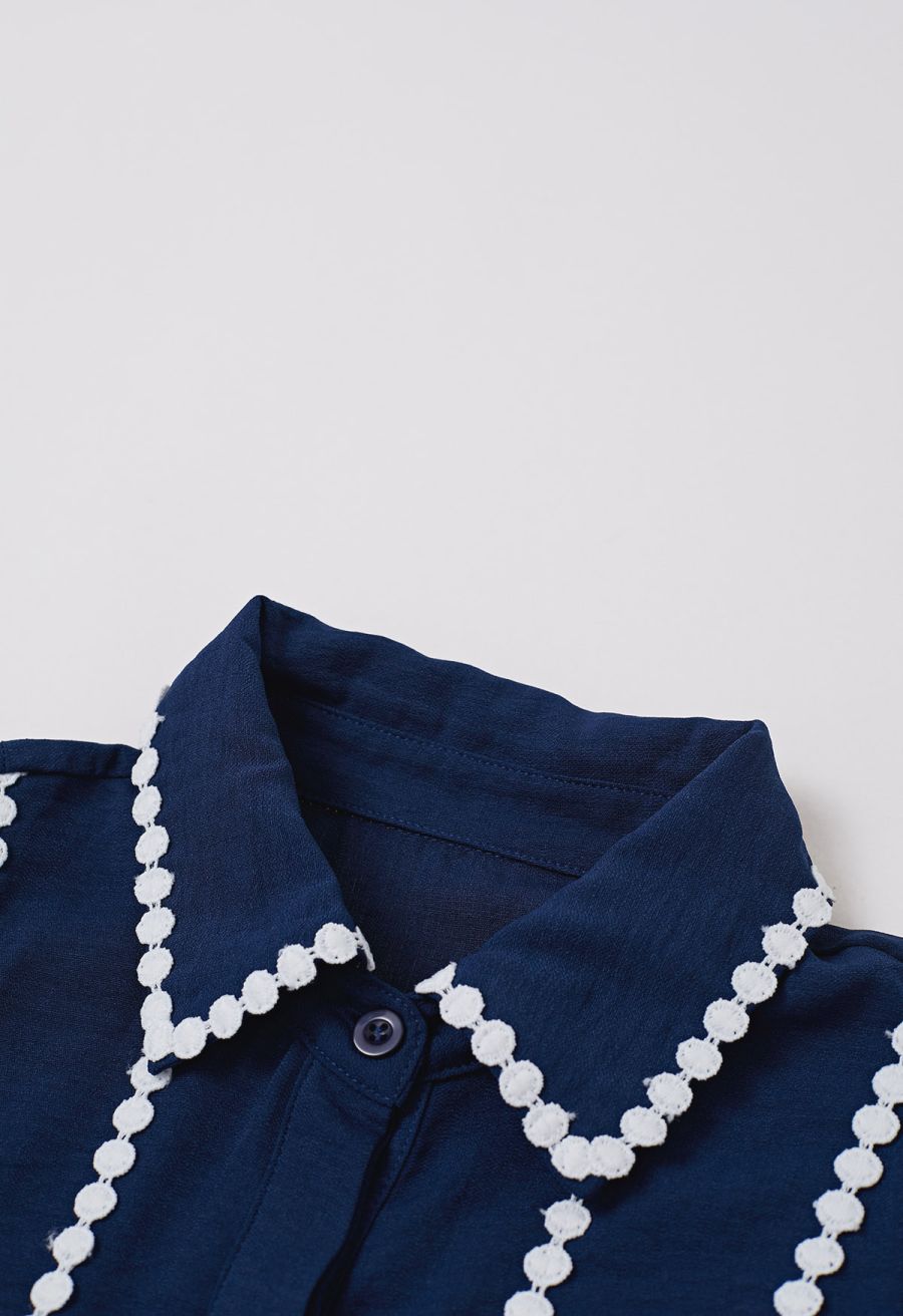 Crochet Stripe Collared Belted Buttoned Maxi Dress
