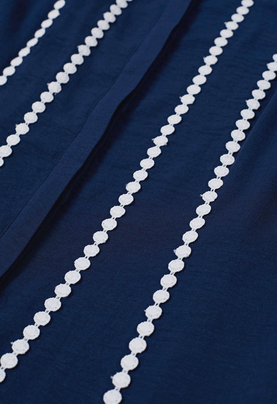 Crochet Stripe Collared Belted Buttoned Maxi Dress