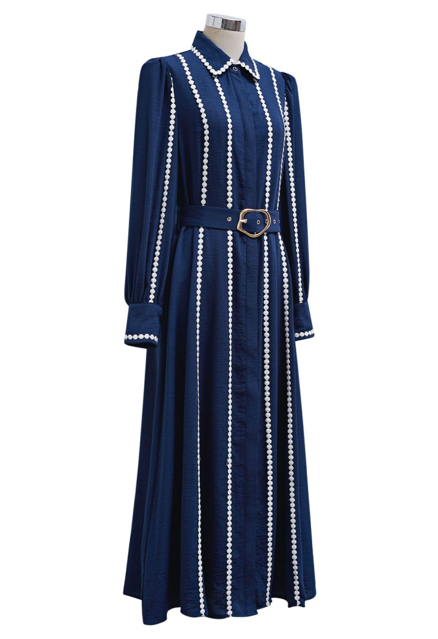 Crochet Stripe Collared Belted Buttoned Maxi Dress