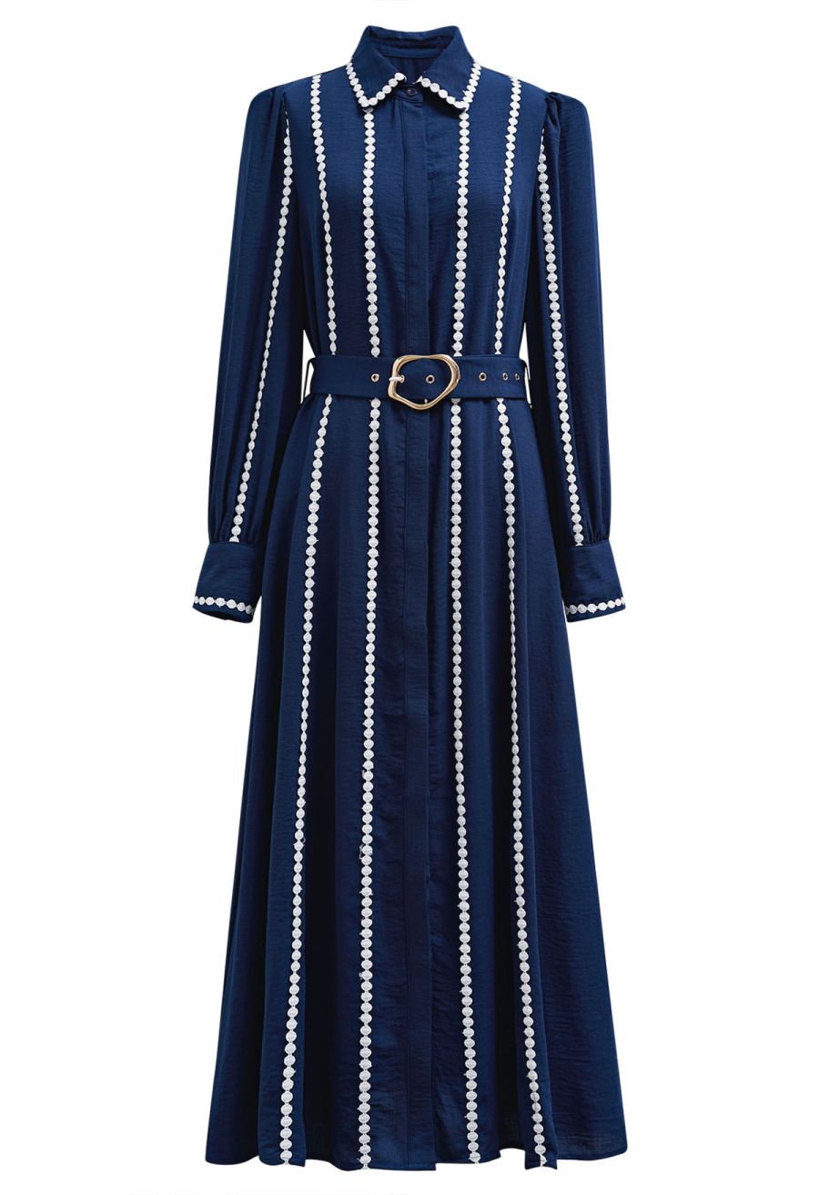 Crochet Stripe Collared Belted Buttoned Maxi Dress