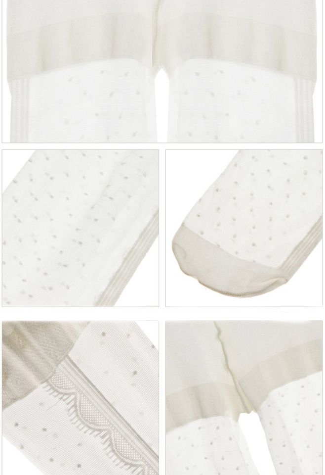 Detail shot of French romantic tights highlighting the intricate lace patterns and delicate polka dots.