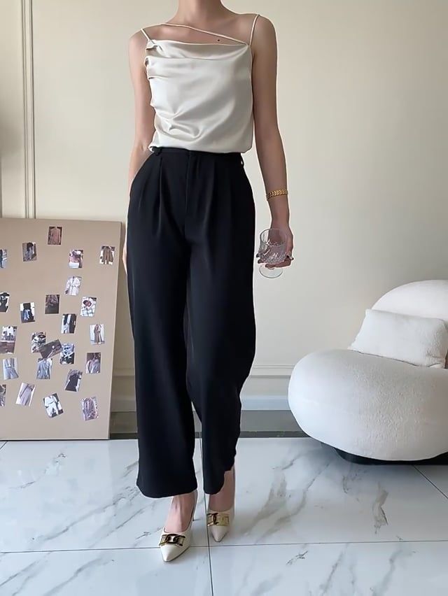 Triple Strings Cowl Neck Satin Tank Top in Champagne