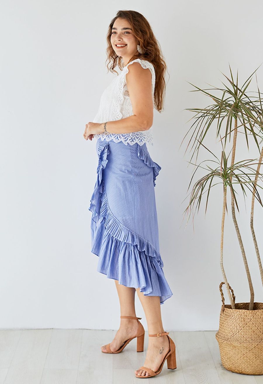 Applause of Ruffle Tiered Frill Hem Skirt in Blue Stripes