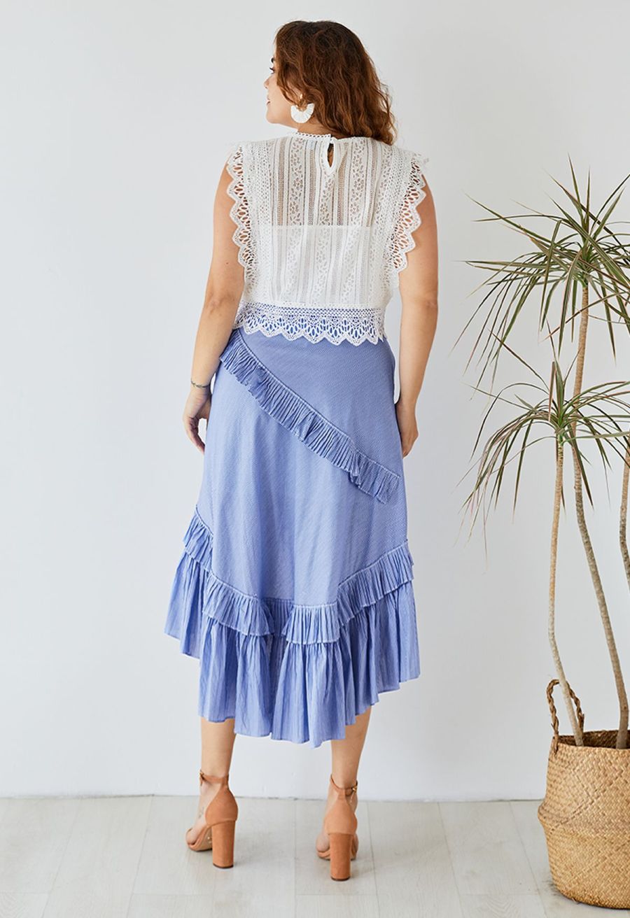Applause of Ruffle Tiered Frill Hem Skirt in Blue Stripes