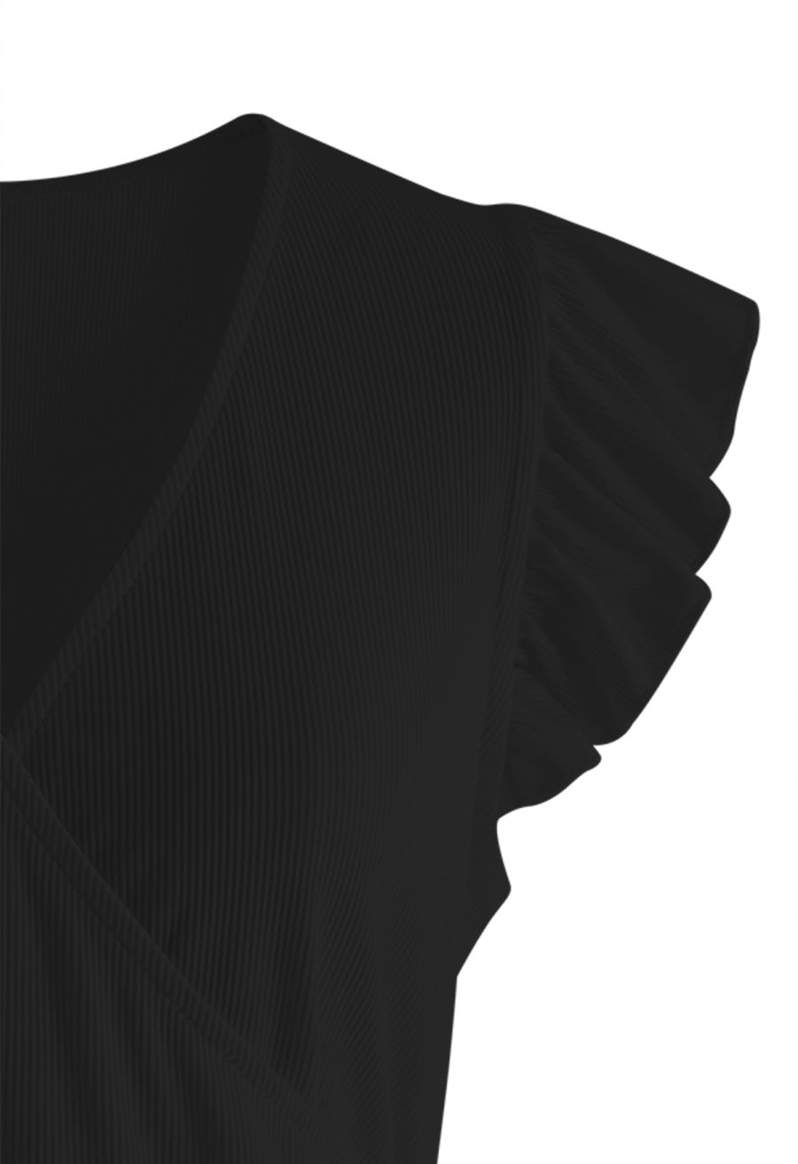Drawstring Faux-Wrap Ruffle Sleeveless Top in Black
