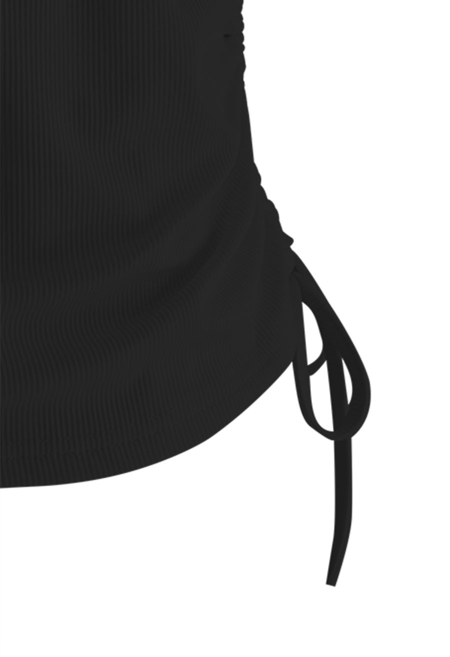 Drawstring Faux-Wrap Ruffle Sleeveless Top in Black