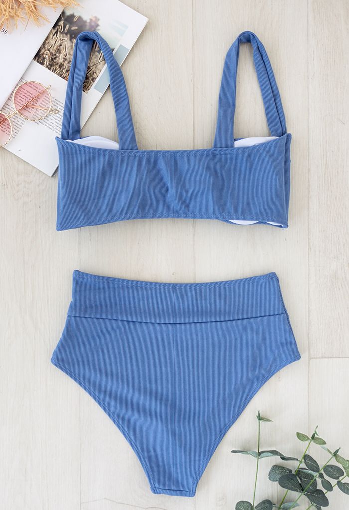 Twisted Knot Front Ribbed Bikini Set in Blue