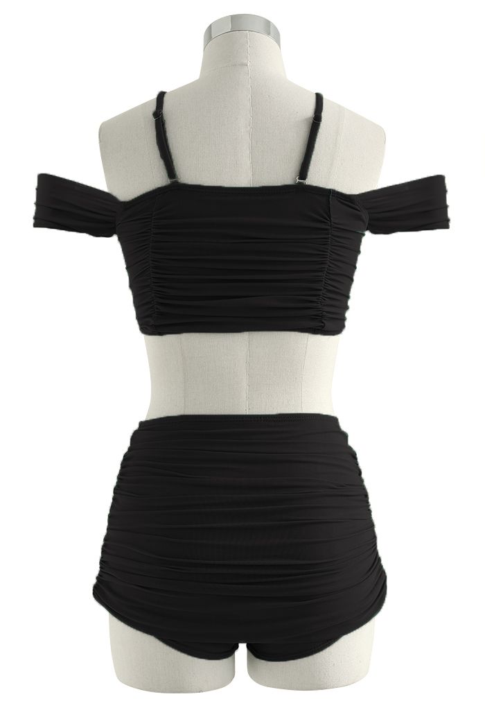 Ruched Mesh Cold-Shoulder Bikini Set in Black