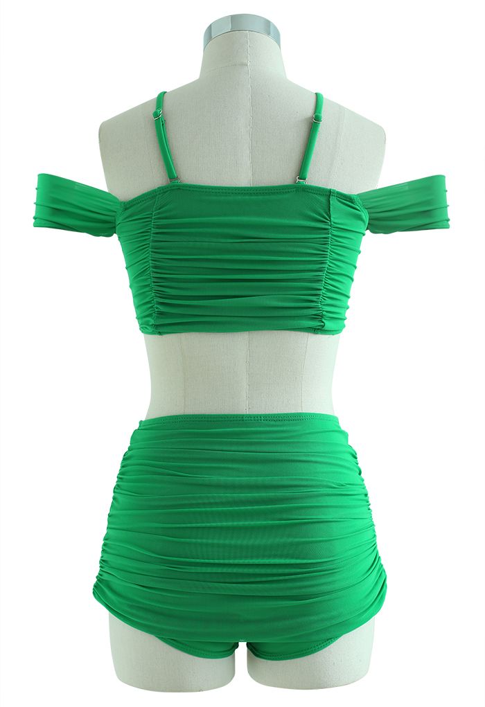 Ruched Mesh Cold-Shoulder Bikini Set in Green
