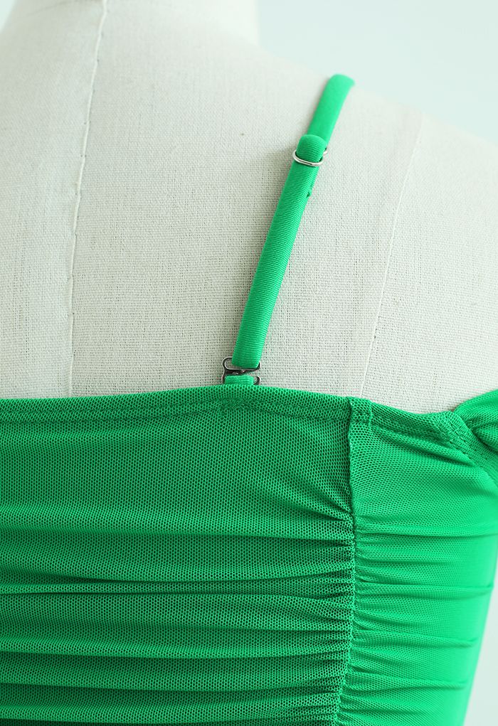 Ruched Mesh Cold-Shoulder Bikini Set in Green
