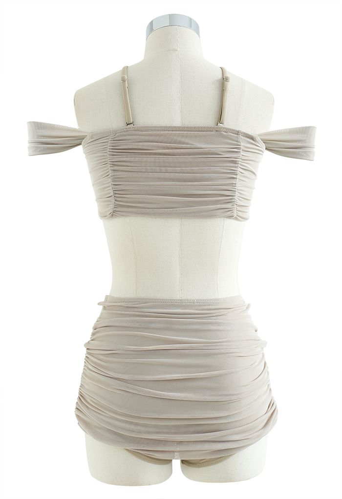 Ruched Mesh Cold-Shoulder Bikini Set in Sand