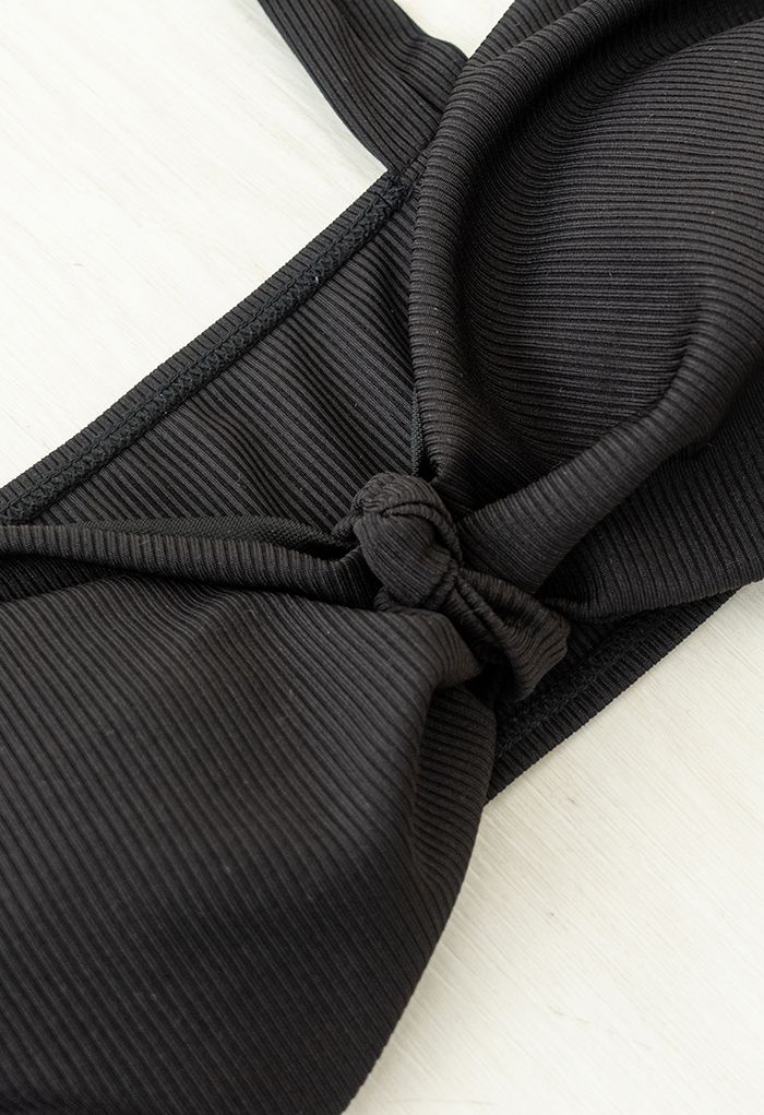 Twisted Knot Front Ribbed Bikini Set in Black