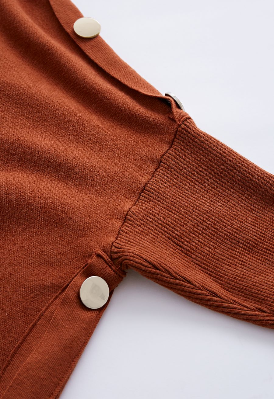 Side Buttoned Flap High Neck Knit Poncho in Caramel