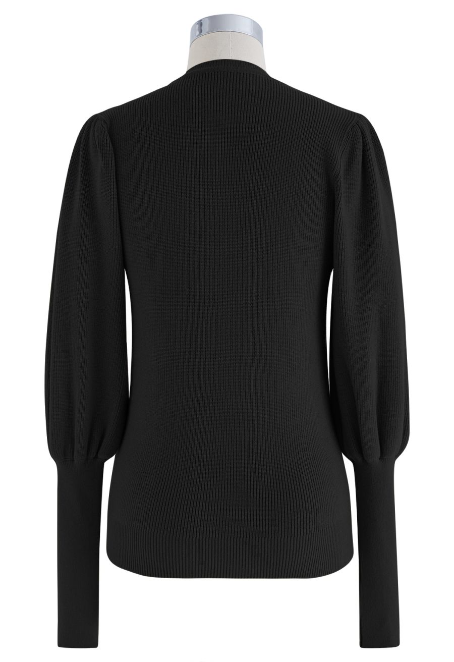 Bubble Sleeves Button Trimmed Knit Top in Black