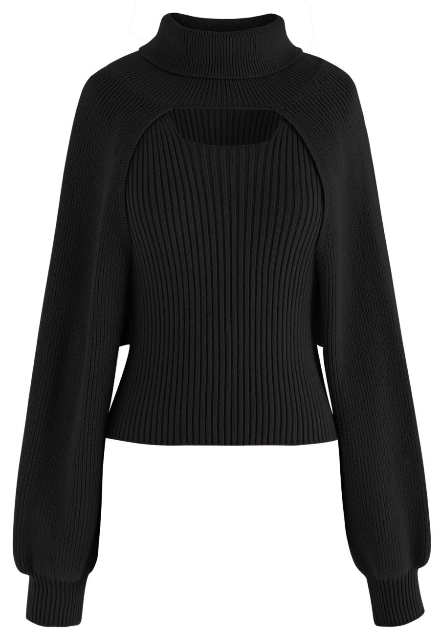 Turtleneck Rib Knit Twinset Top in Black