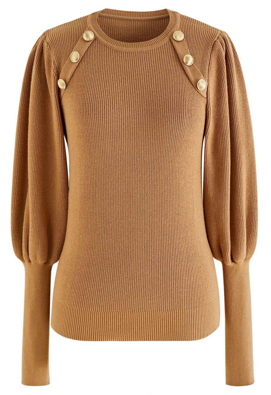 Bubble Sleeves Button Trimmed Knit Top in Tan