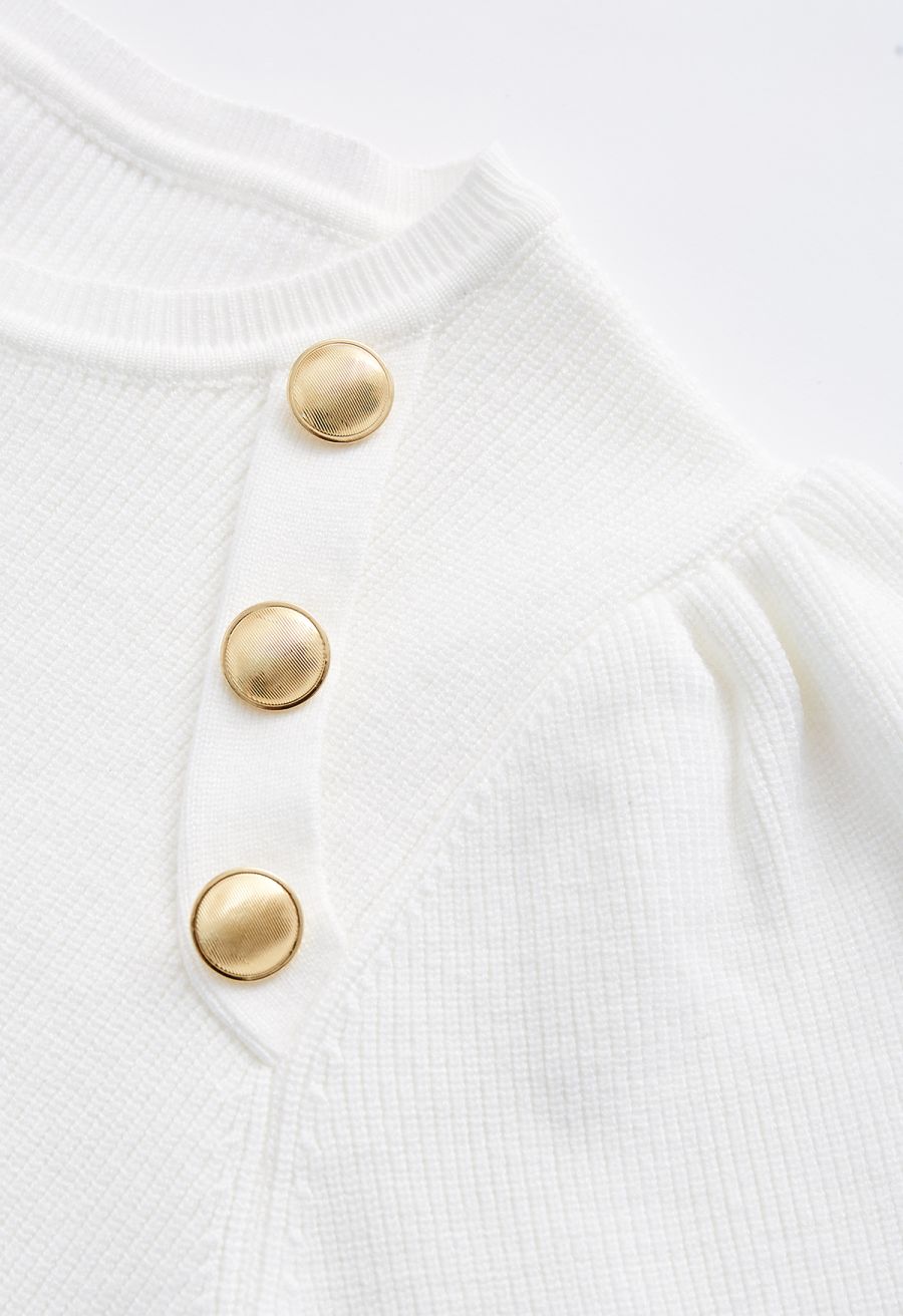 Bubble Sleeves Button Trimmed Knit Top in White