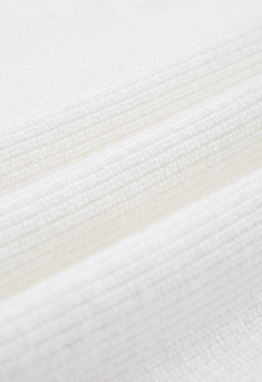 Bubble Sleeves Button Trimmed Knit Top in White