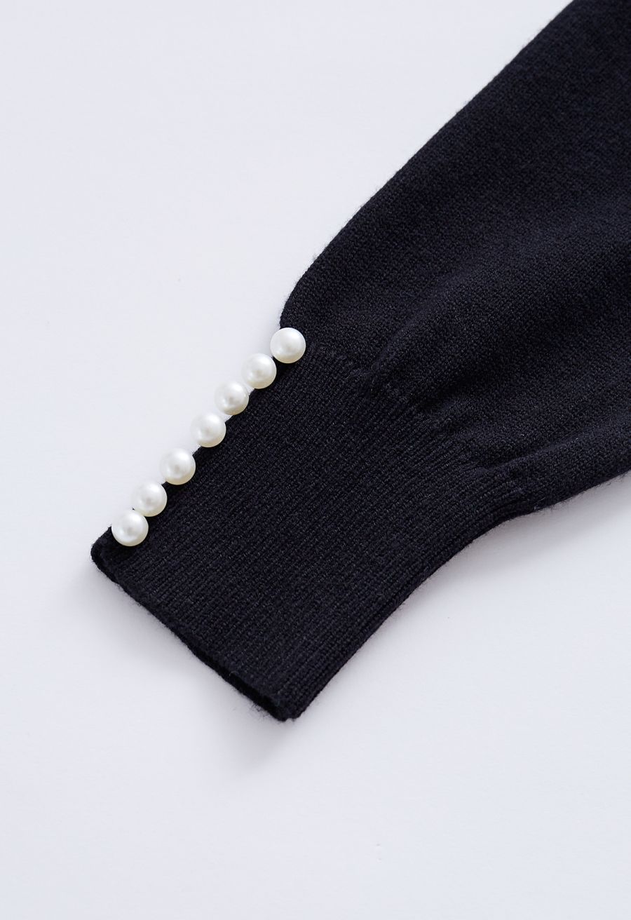 Pearl Trimmed Soft Knit Top in Black