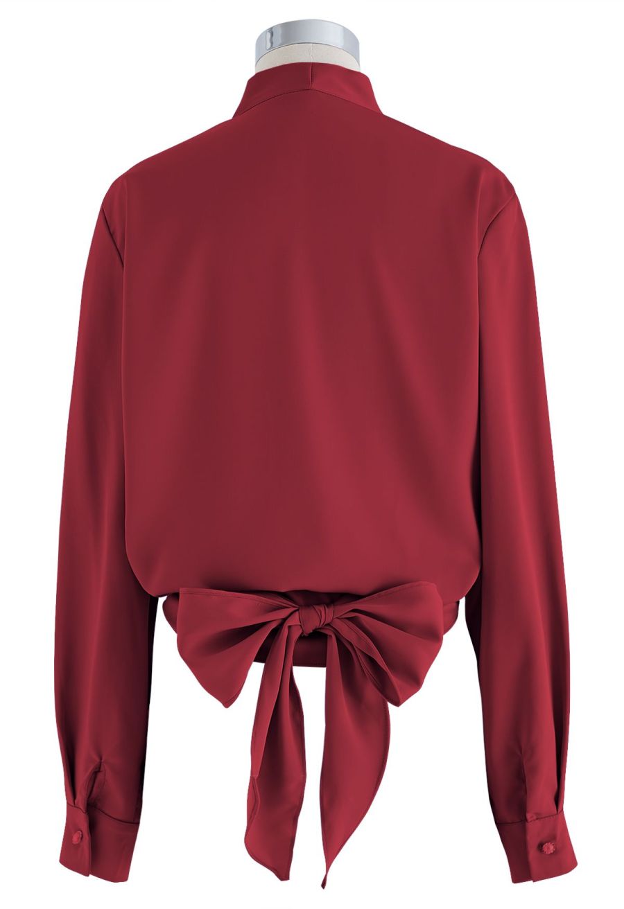 Crisscross Tie-Bow Satin Top in Burgundy