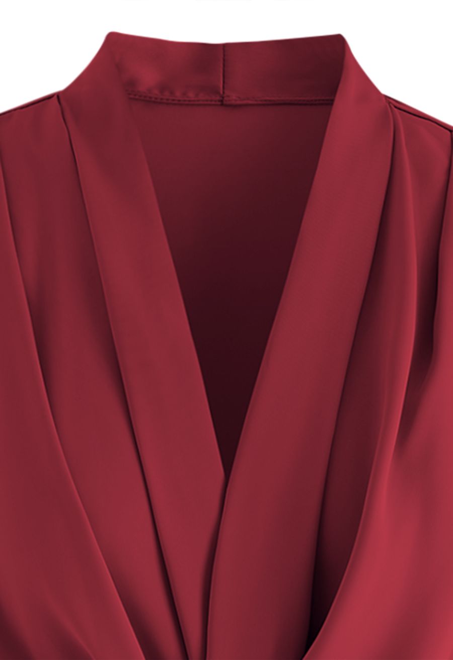 Crisscross Tie-Bow Satin Top in Burgundy