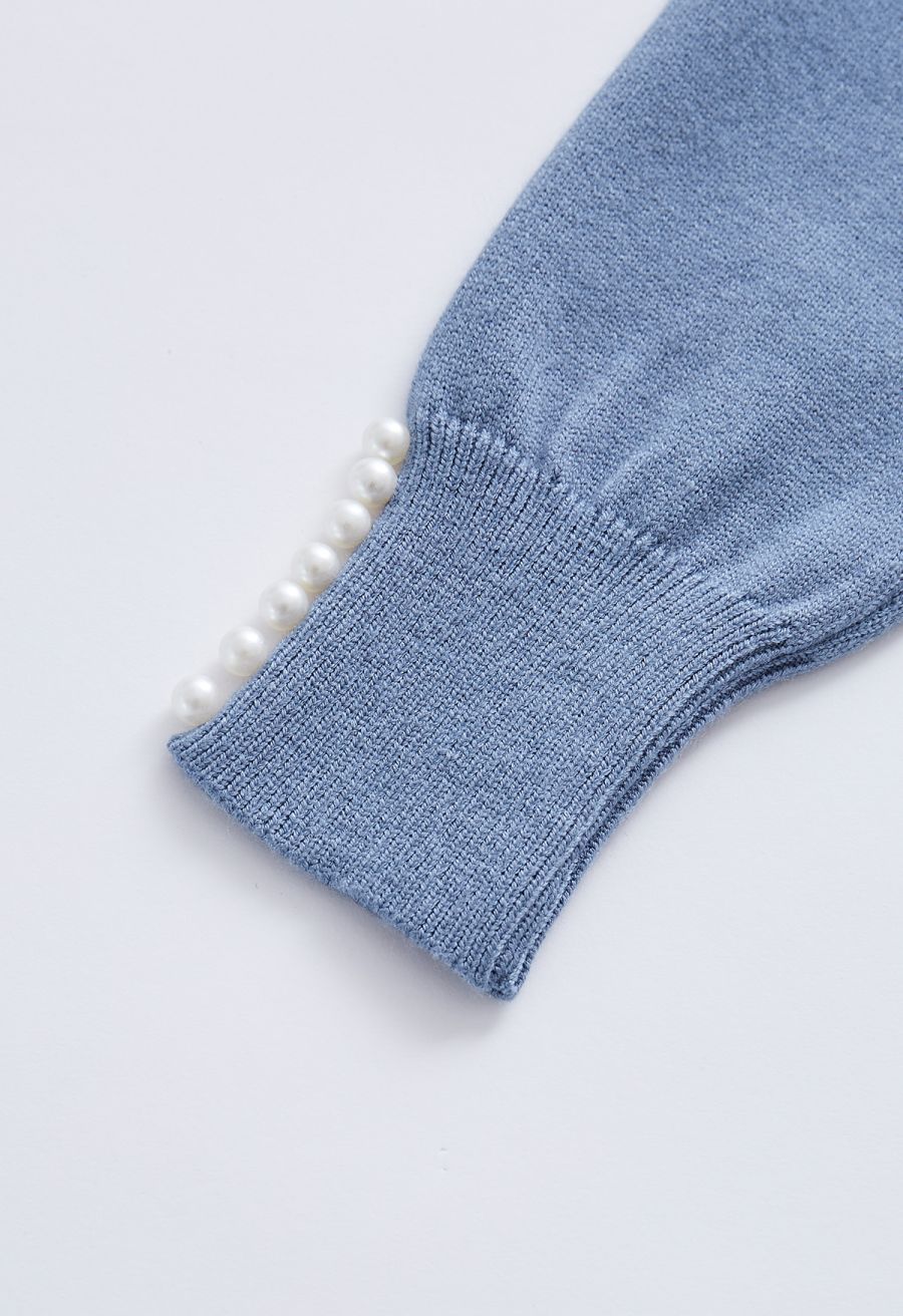 Pearl Trimmed Soft Knit Top in Dusty Blue