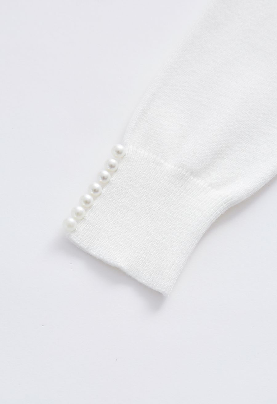 Pearl Trimmed Soft Knit Top in White