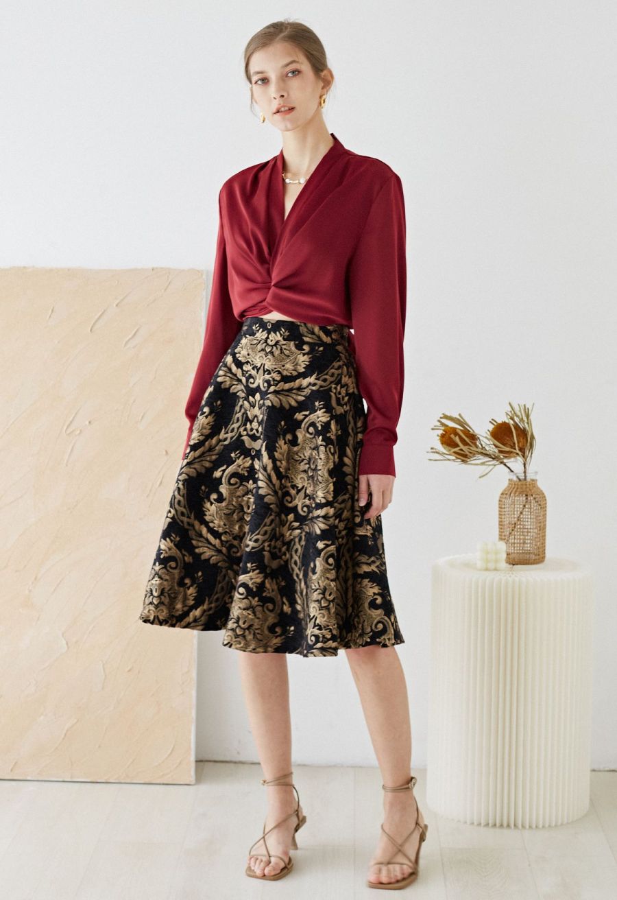Crisscross Tie-Bow Satin Top in Burgundy