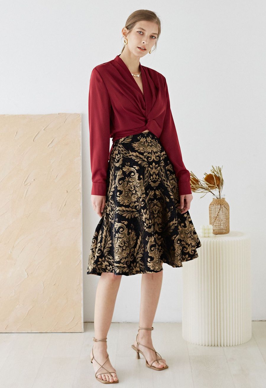 Crisscross Tie-Bow Satin Top in Burgundy