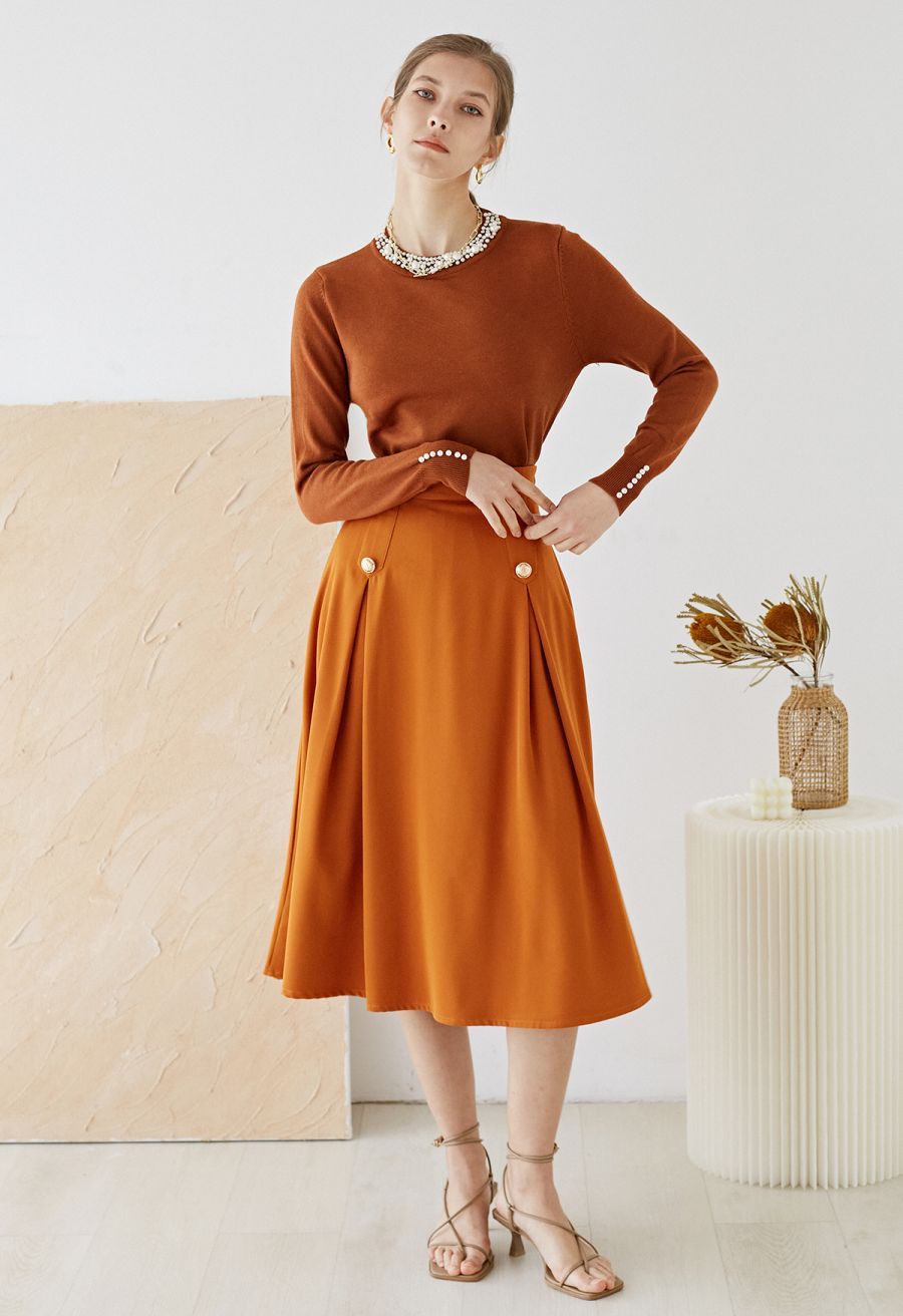 Pearl Trimmed Soft Knit Top in Caramel