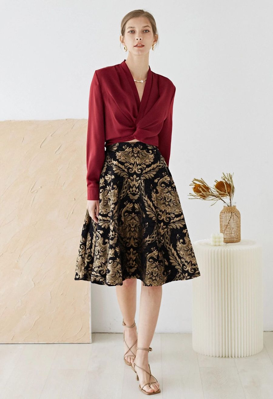 Crisscross Tie-Bow Satin Top in Burgundy