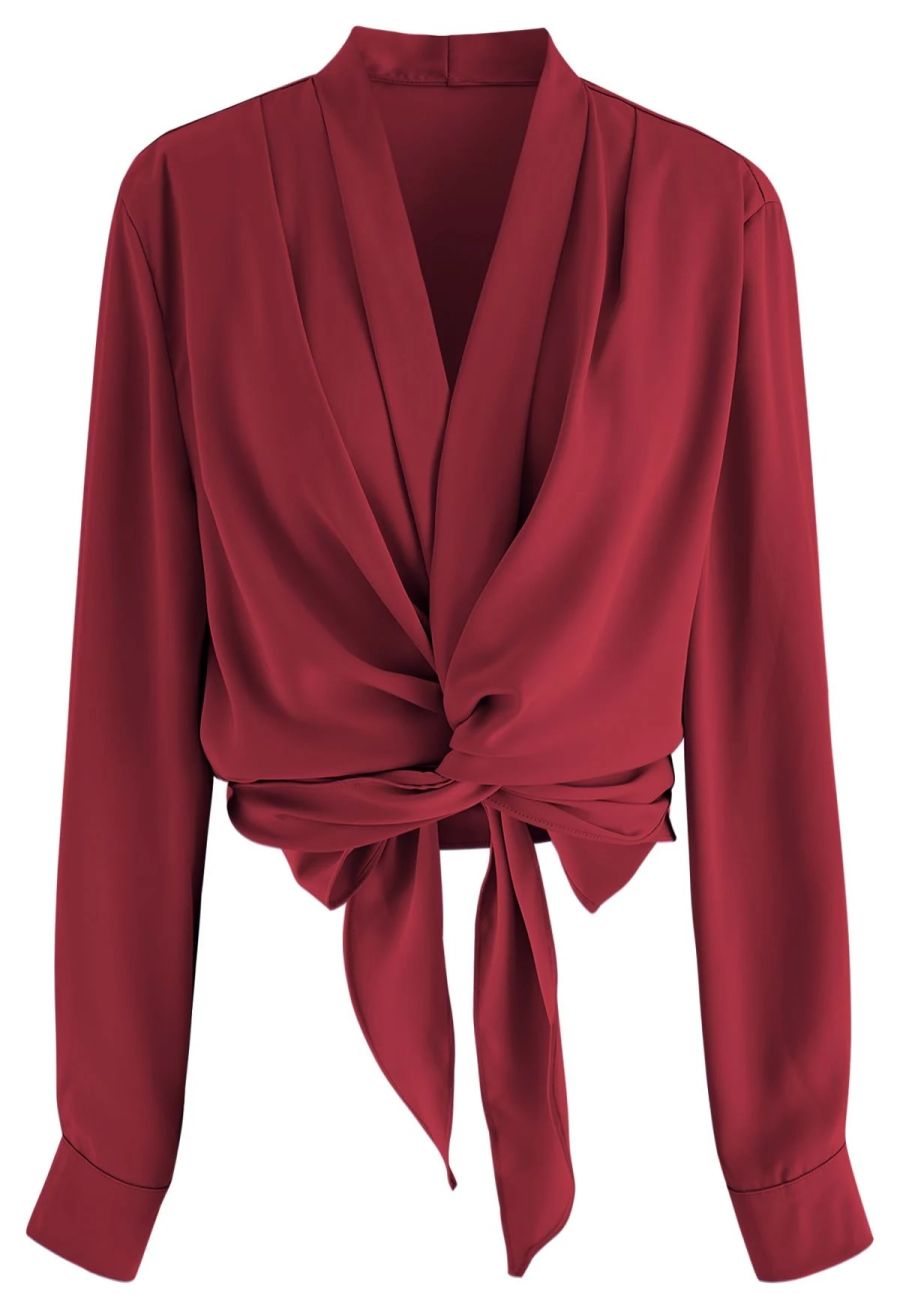 Crisscross Tie-Bow Satin Top in Burgundy