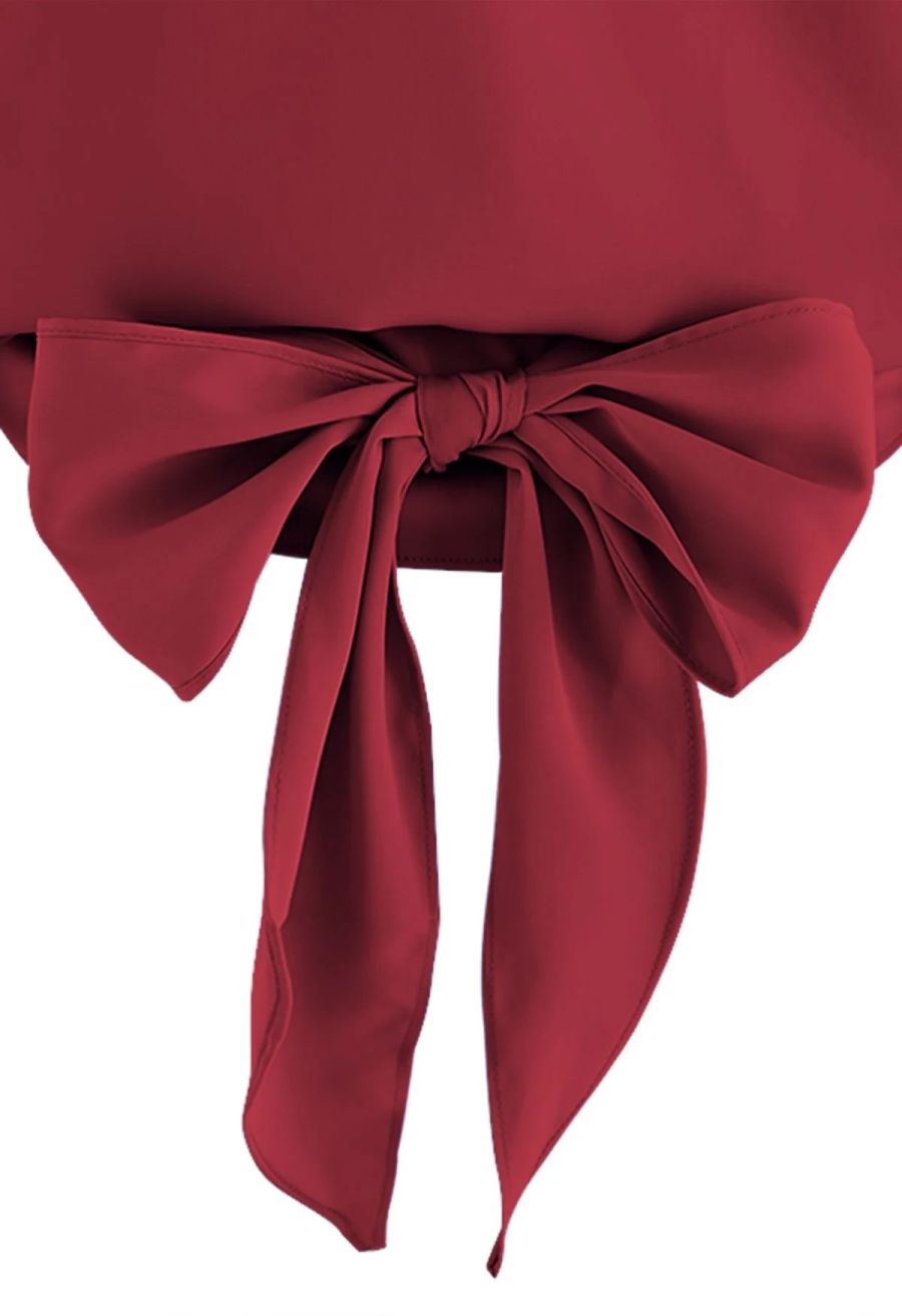 Crisscross Tie-Bow Satin Top in Burgundy