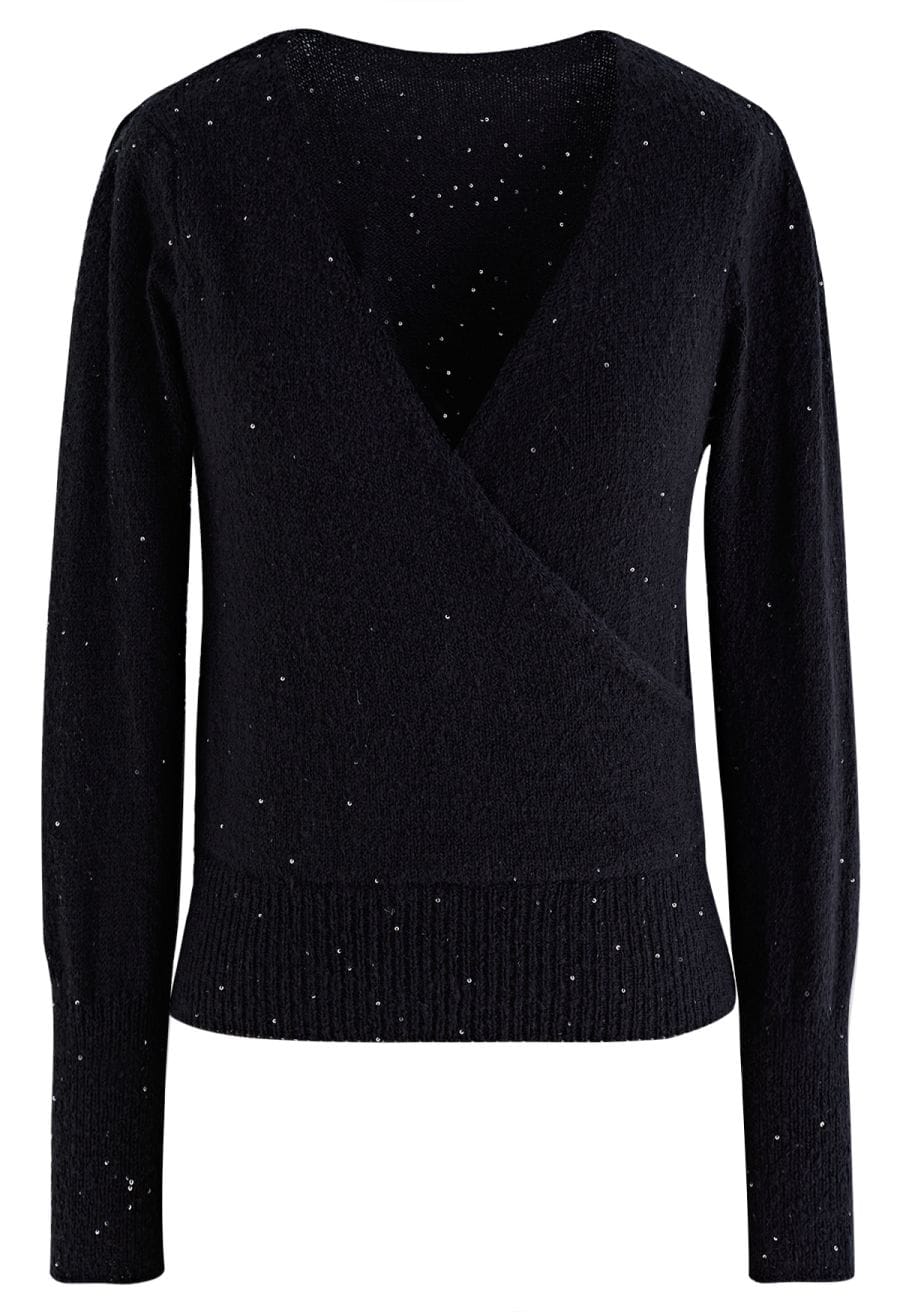 Lightweight Sequins Wrapped Knit Top in Black