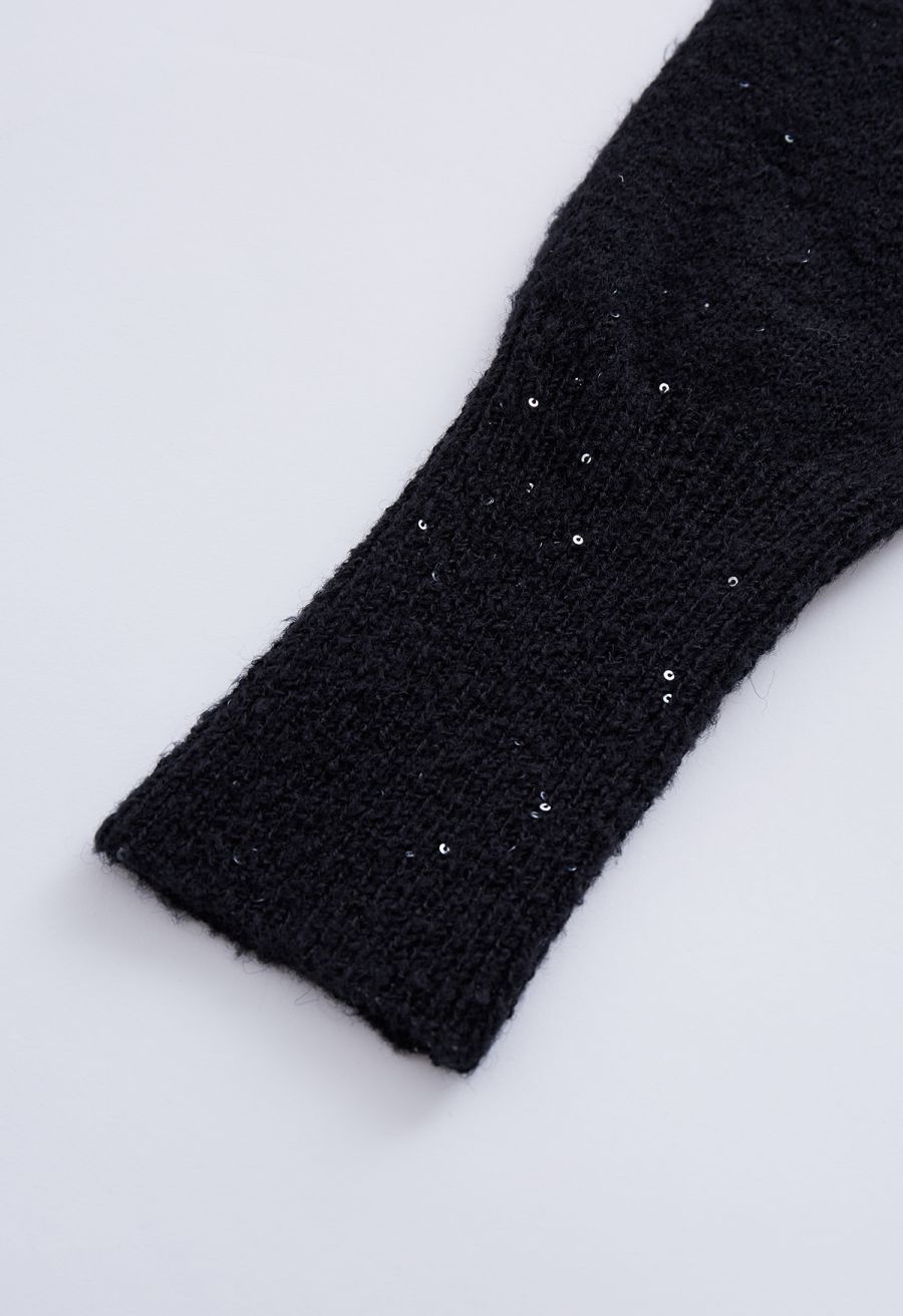 Lightweight Sequins Wrapped Knit Top in Black