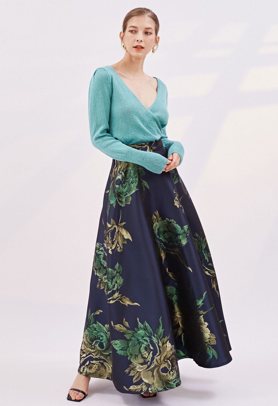 Glittery Peony Jacquard Maxi Skirt in Navy