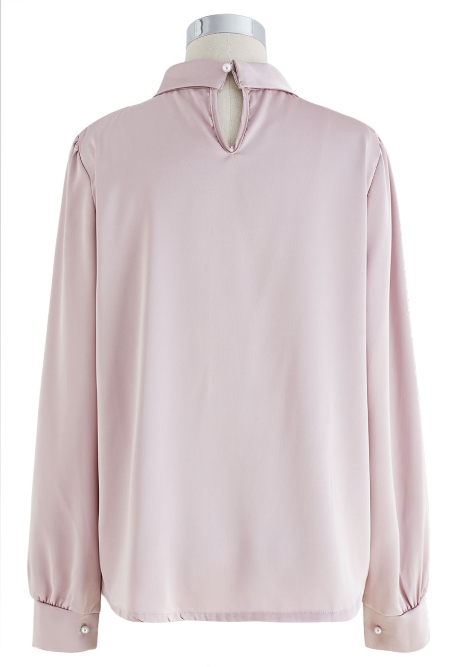 Rose Brooch Mock Neck Satin Shirt in Pink