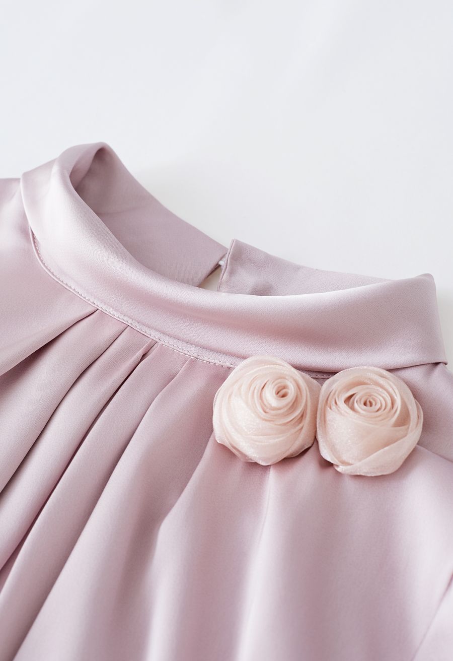 Rose Brooch Mock Neck Satin Shirt in Pink