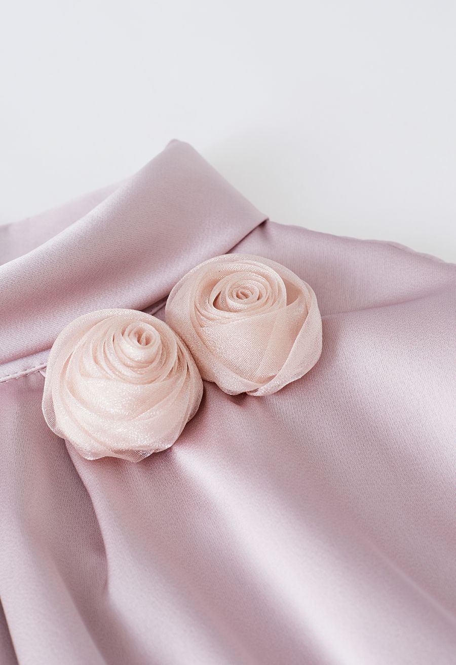 Rose Brooch Mock Neck Satin Shirt in Pink