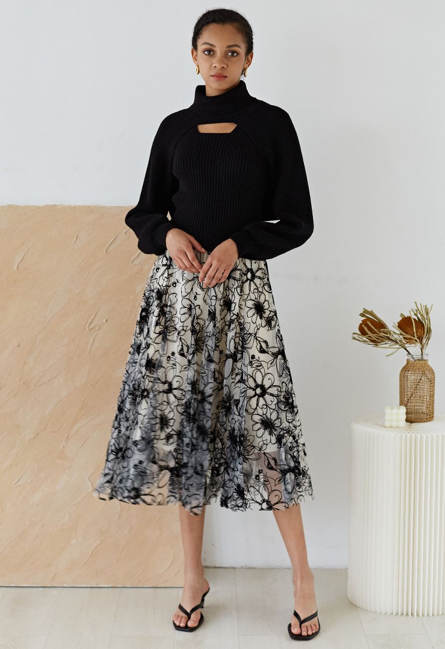 Turtleneck Rib Knit Twinset Top in Black