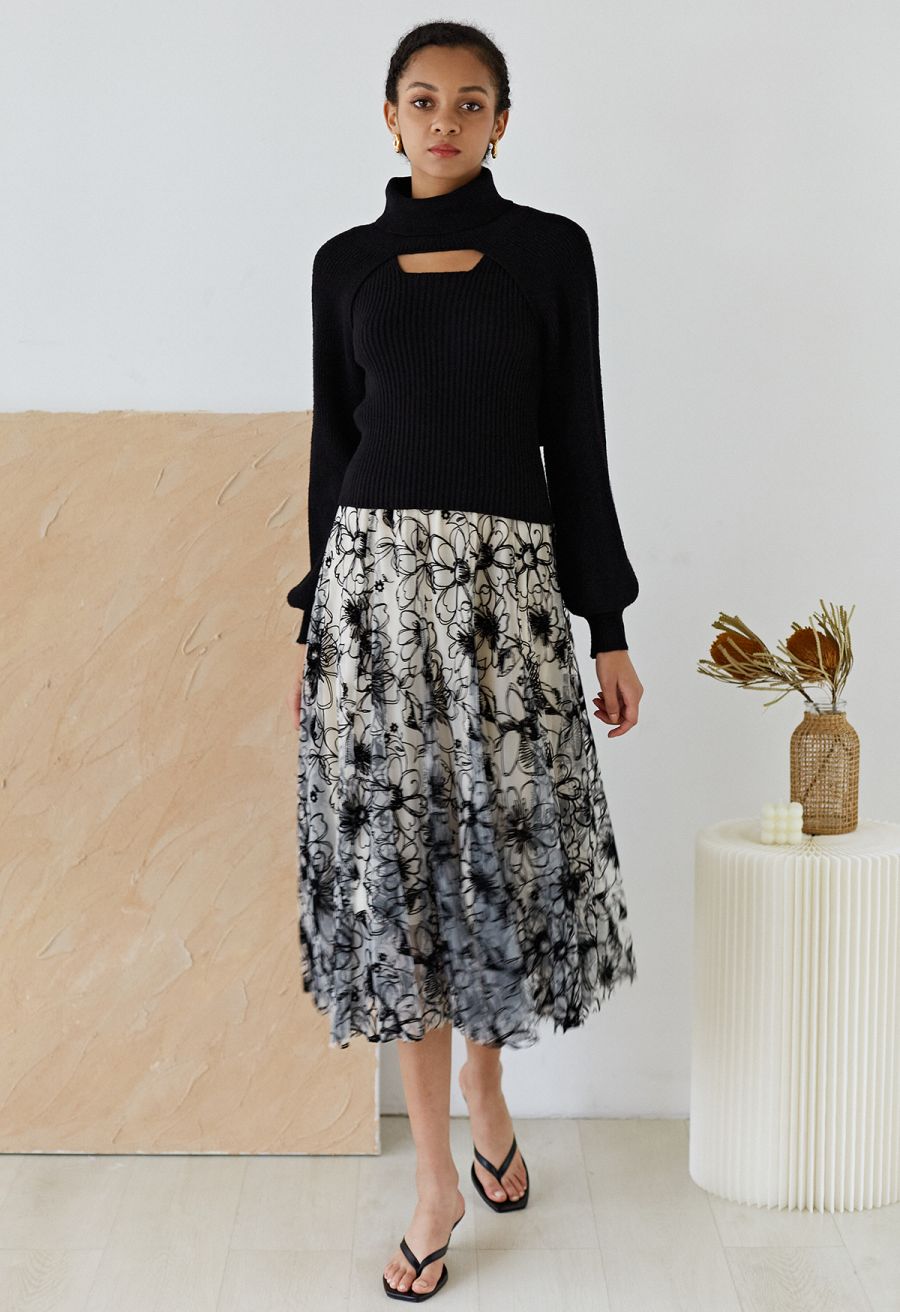 Turtleneck Rib Knit Twinset Top in Black