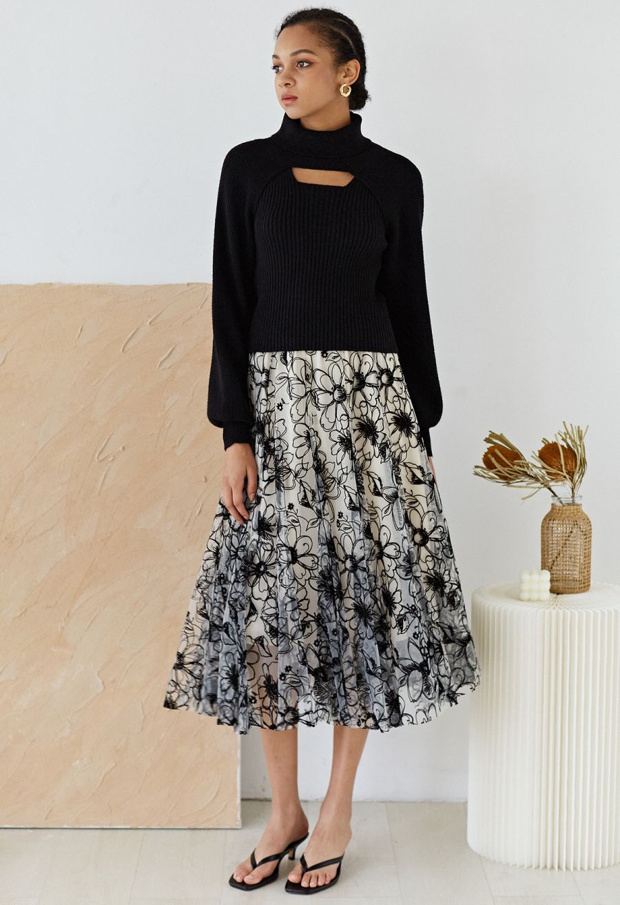 Turtleneck Rib Knit Twinset Top in Black