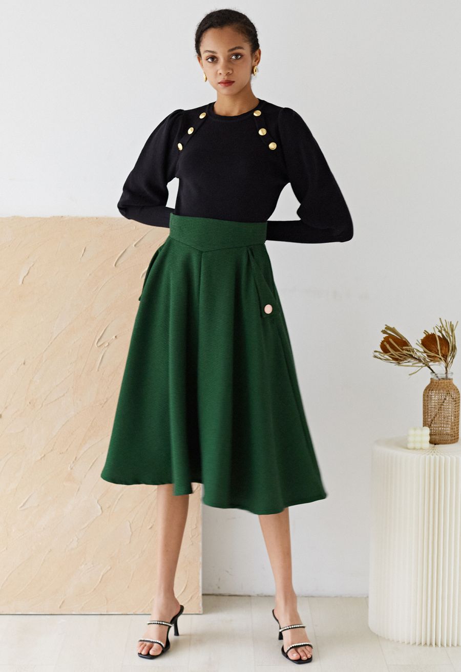 Bubble Sleeves Button Trimmed Knit Top in Black