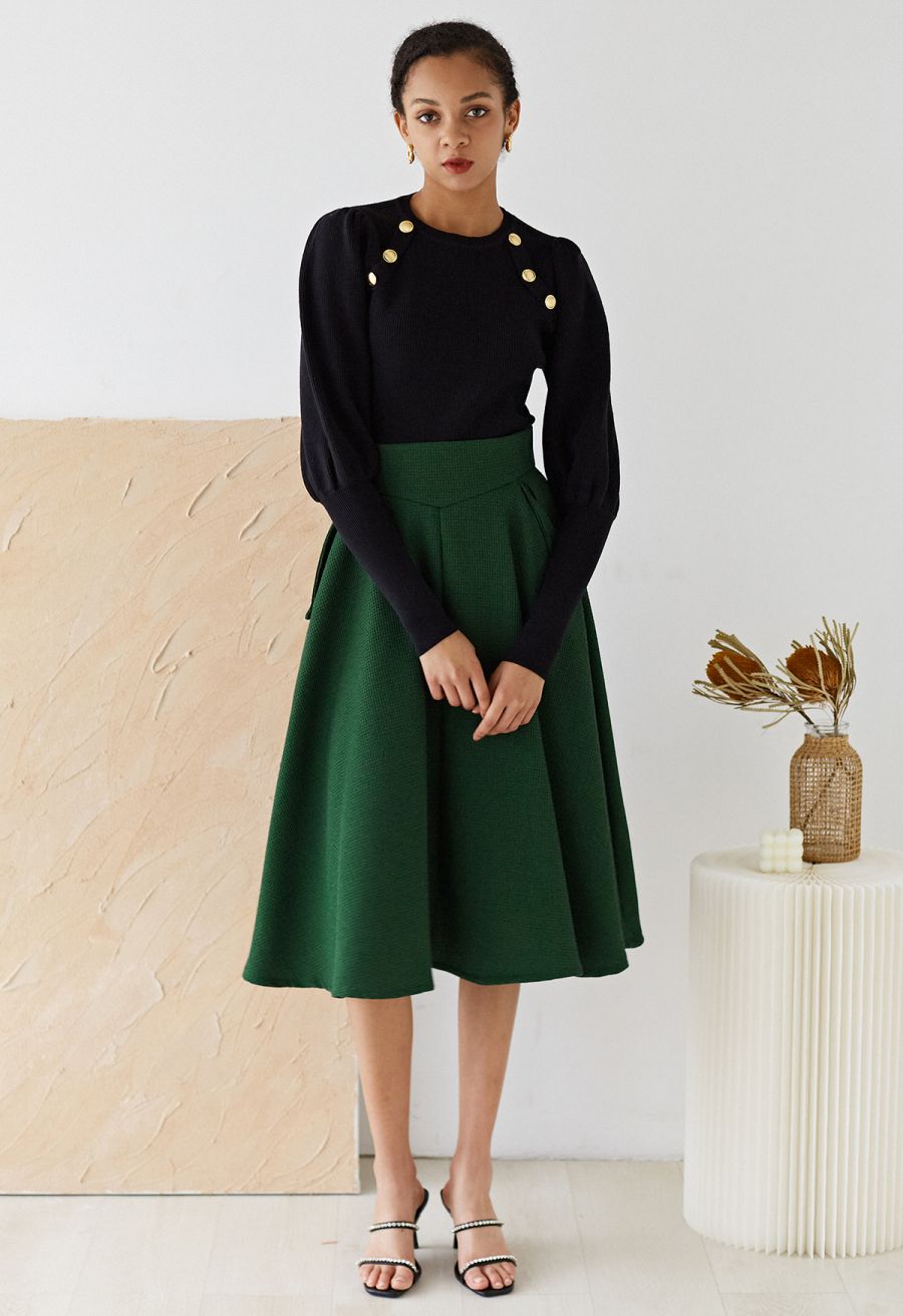 Bubble Sleeves Button Trimmed Knit Top in Black