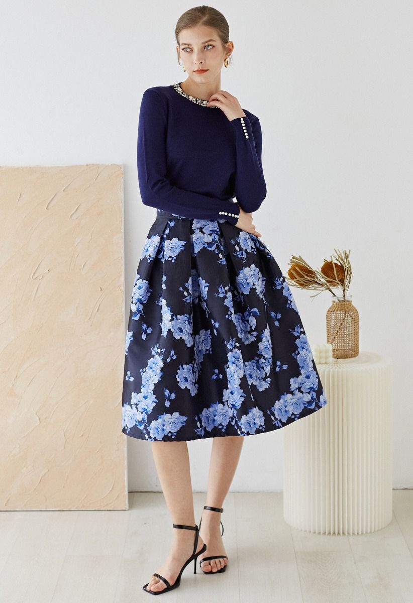 Pearl Trimmed Soft Knit Top in Navy