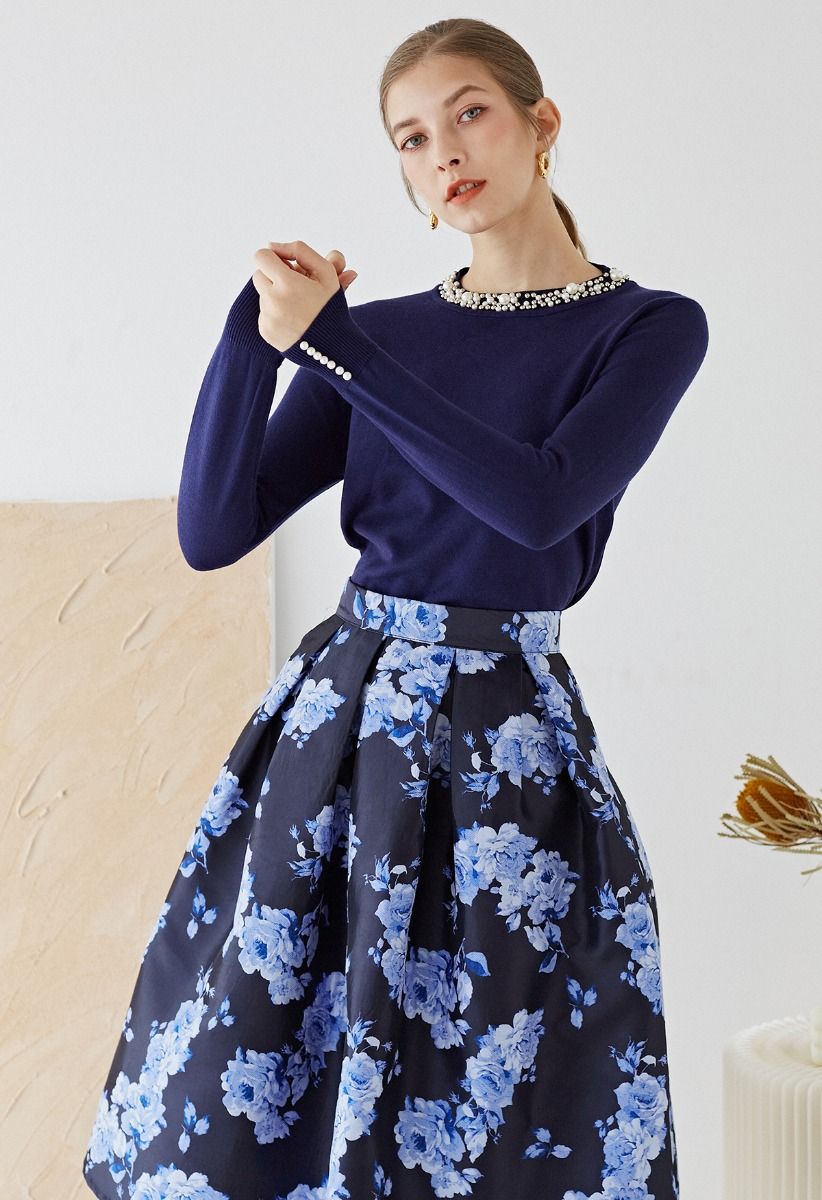 Pearl Trimmed Soft Knit Top in Navy