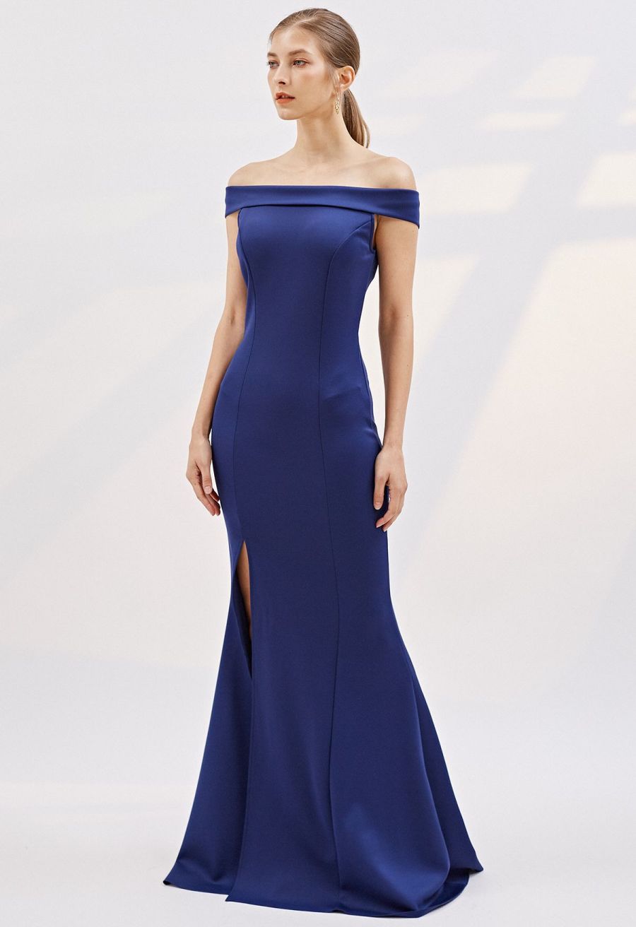 Folded Off-Shoulder Slit Mermaid Gown in Navy