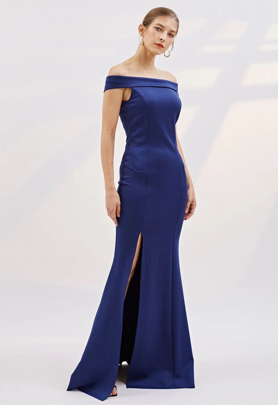 Folded Off-Shoulder Slit Mermaid Gown in Navy